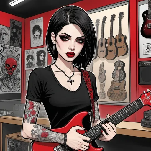 Prompt: "<lora:Colour Pop Red:1.0> establishing shot :: feminine, pretty, tattood Goth sorority girl in guitar shop during heatwave, slender, tight outfit, selective art, (red lips 1.6!!) Silence & Co graphic novel style illustration"