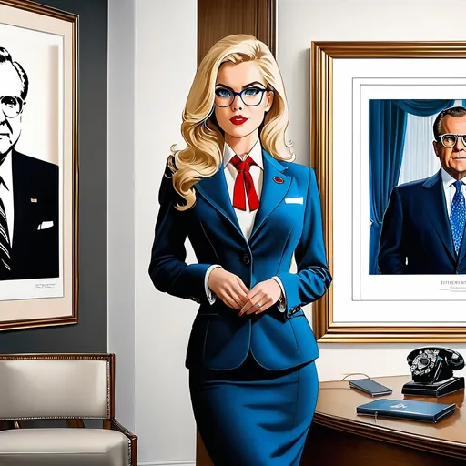 Prompt: Professional blonde secretary with big blue eyes, business attire, large round glasses, looking at large framed portrait of Richard Nixon on the wall, highres, professional, vintage, detailed eyes, office setting, classic