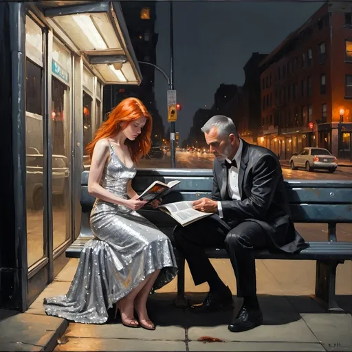 Prompt: Thick impasto with bumpy strokes. A man in a formal dinner jacket outfit sits on a bus stop bench with  a Drunken redhead female reading a paperback book wearing a bright silver sequined party dress, New York City, oil painting, desolate surroundings, gritty realism, dark and somber tones, dramatic lighting, ultra-detailed, emotive, expressive faces, brownstone building in the background, reflective lighting, oil painting, desolate, gritty, dramatic lighting, somber tones, expressive faces