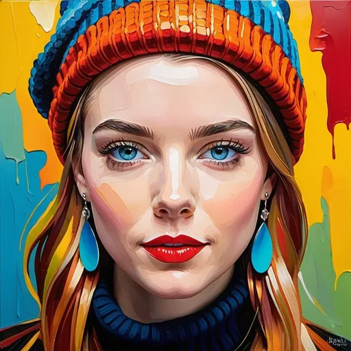 Prompt: Thick impasto oil painting of a hybrid face, Evan Rachel Wood and Anya Taylor Joy, turtleneck, beanie hat, earrings, confidence attitude 
, bumpy paint strokes, vibrant colors, exaggerated features, high texture, impressionistic, artistic, detailed eyes, whimsical atmosphere, professional, colorful lighting