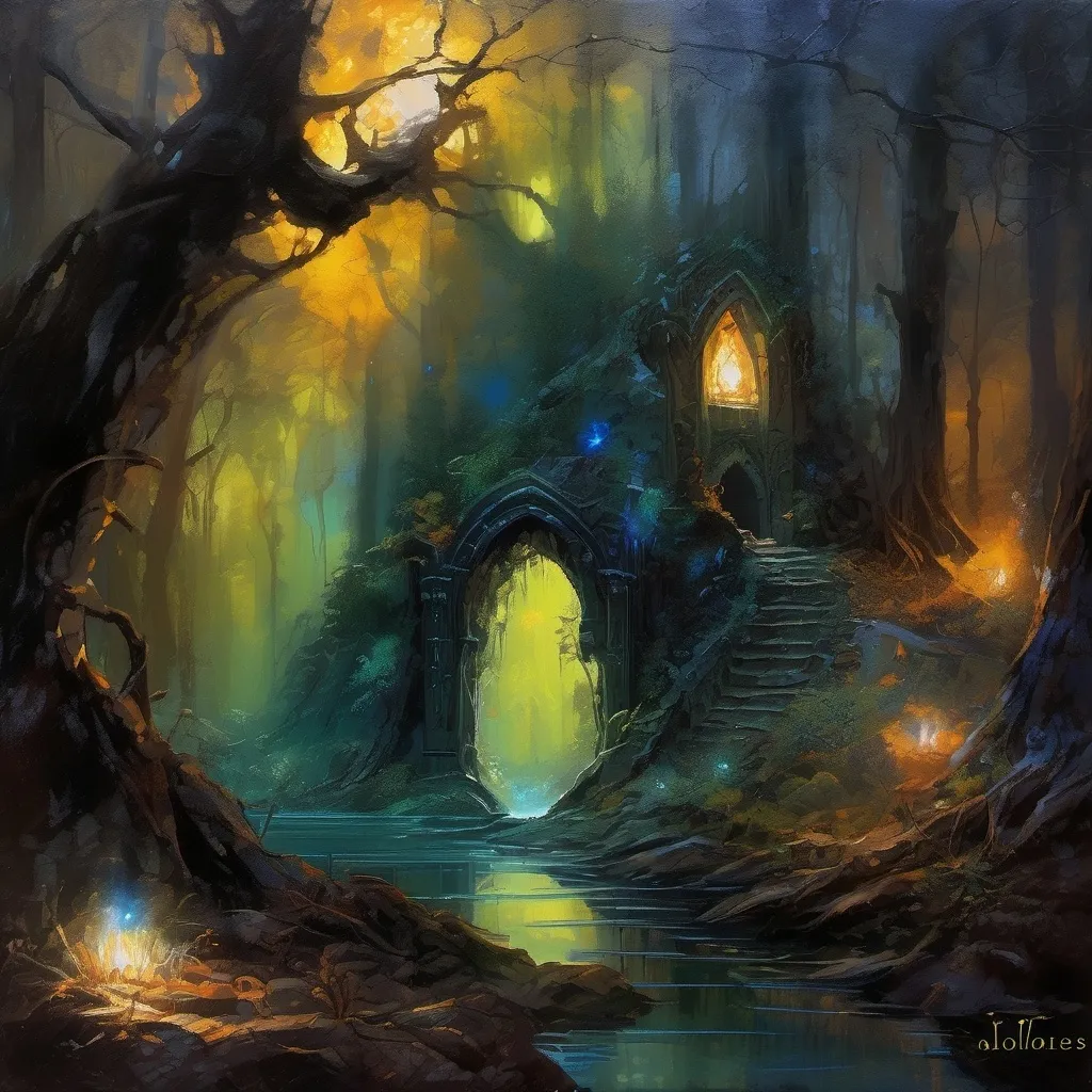 Prompt: Forest by night impressionistic painting with large palette-knife, (elven ring), (platinum), (intricate design), glowing topaz stone, dark colors, fantasy style, nestled in a mystical forest ruin, ethereal ambiance, rich textures, enchanting details, hints of bioluminescence in surroundings, shadowed foliage, (ultra-detailed), high contrast lighting, mood of ancient magic and forgotten lore.