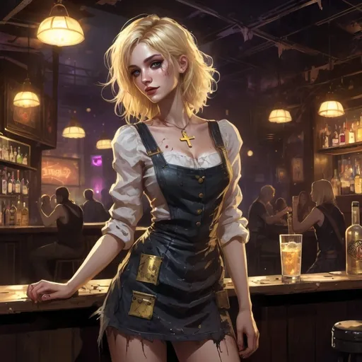 Prompt: A late night music venue. Slender early 20s blonde bartender woman, disheveled hair, pinafore square neckline, gold cross, messy trashed late night nightclub, game-rpg fantasy style, detailed character design, atmospheric lighting, urban fantasy, late-night setting, highres, detailed, fantasy, RPG, messy background, disheveled appearance, intense and dramatic lighting