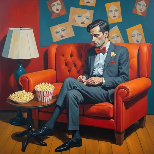 Prompt: <mymodel>abstract expressionism, attractive male psychologist wearing bow tie, sad tearful slender pretty woman in short skirt and leggy sheer tights, psychologist eating popcorn, chair, couch, emotional atmosphere, intense brushstrokes, vibrant colors, distressed expressions, high energy, raw emotion, large canvas, powerful composition. Will Barnet, surreal, Robert longo 