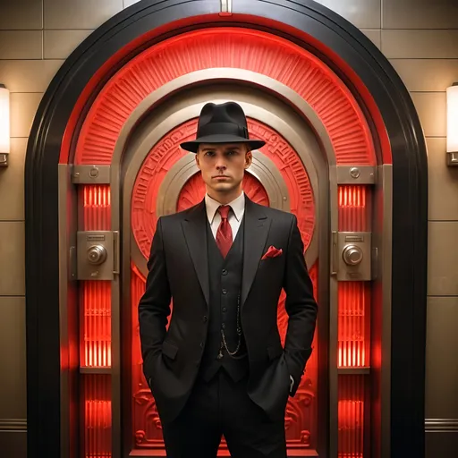 Prompt: Man in black suit and hat, with red armband, standing in front of art deco bank vault, Emma Geary, fantasy style, art deco sculpture, detailed facial features, professional art quality, fantasy, art deco, detailed sculpture, atmospheric lighting, vintage color tones