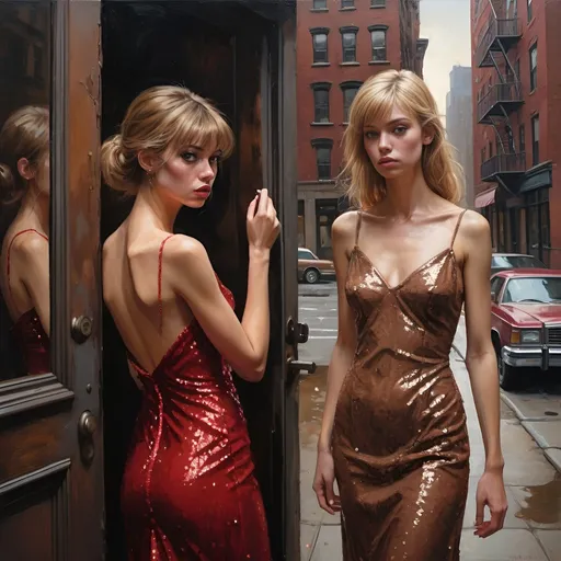 Prompt: Two Drunken slender female debutantes in bright sequined party dresses. One female has brown bangs hair and wear a red minidress, the other female has blonde chin length hair and wears a full length black gown. New York City front door,  oil painting, desolate surroundings, HD detailed facial features, gritty realism, dark and somber tones, dramatic lighting, ultra-detailed, emotive, expressive faces, brownstone building in the background, reflective lighting, oil painting, desolate, gritty, dramatic lighting, somber tones, expressive faces