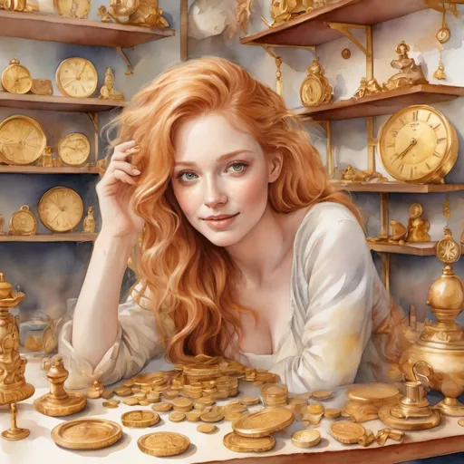 Prompt: Dreamy watercolor illustration. Close-up portrait. A happy 35 year old messy reddish blonde-haired woman sorts gold antique figurative statues, gold clockwork timepieces and gizmos, gold coins. Macro shot. Whimsical beachcomber style. Soft brushstrokes on reddish-blonde messy hair. Warm light dancing on table covered in gold items. Background with shelves full of gold pottery and statues. Golden hues on wooden floor. Soft, warm golden light. Best quality, highly detailed, vibrant, ethereal, serene, coastal, beachy, whimsical, dreamy, watercolor texture, impressionist.
