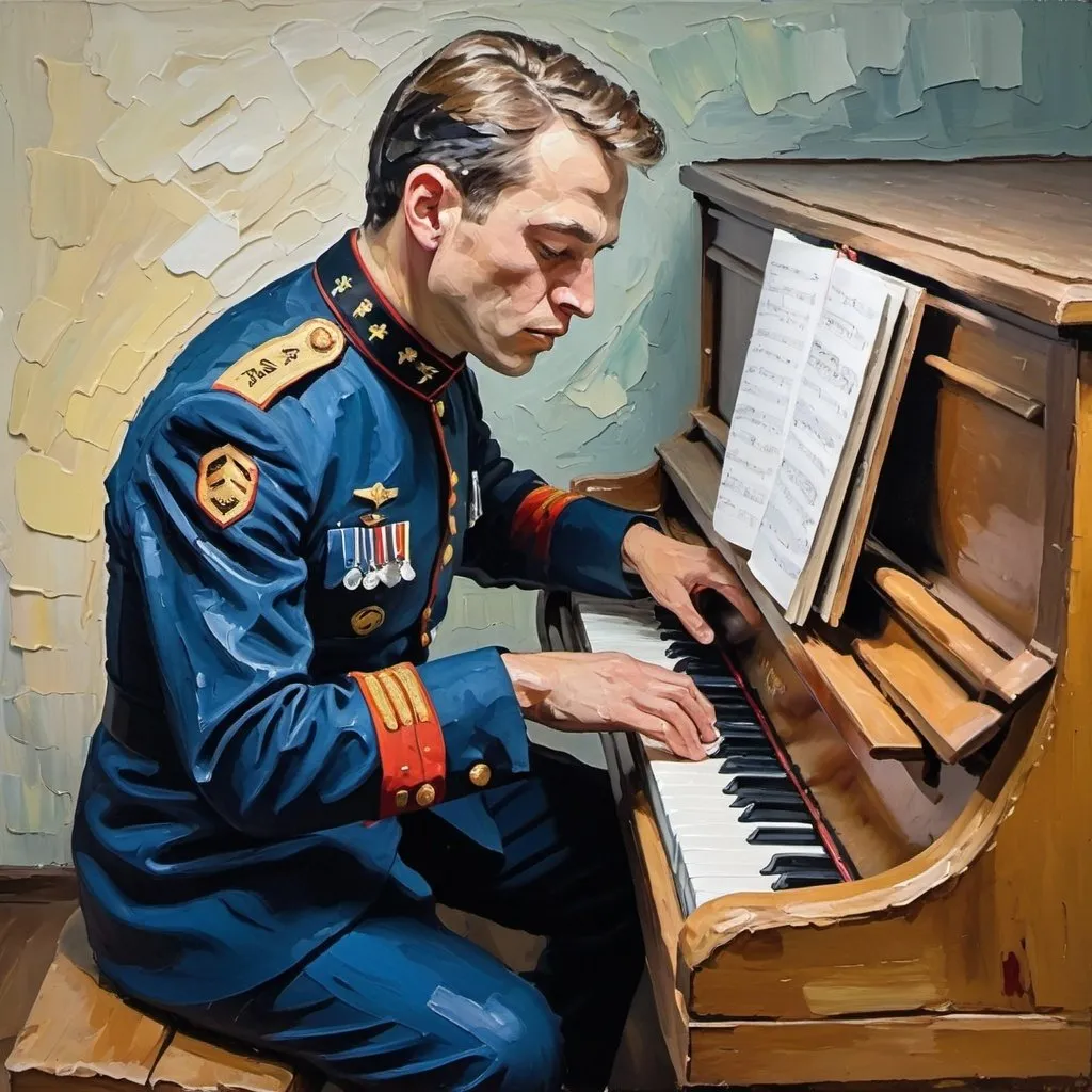 Prompt: thick impasto oil painting of Caucasian man in uniform playing the piano, thick bumpy paint strokes