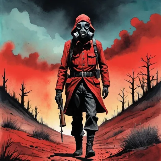 Prompt: Red and black tones, colored inks, gouache, watercolor, colored pencils. Strong colors, surreal Pulp style color illustration of a lone wanderer with a rifle, distressed clothing, and gas mask.