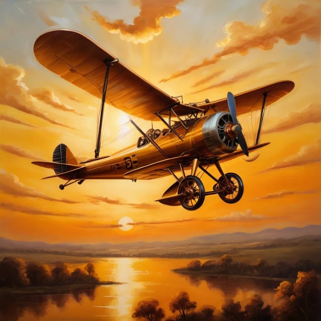 Prompt: Vintage biplane flying over a golden sunset, oil painting, detailed engine, nostalgic atmosphere, warm tones, golden hour lighting, high quality, oil painting, vintage, warm tones, detailed engine, nostalgic, sunset lighting