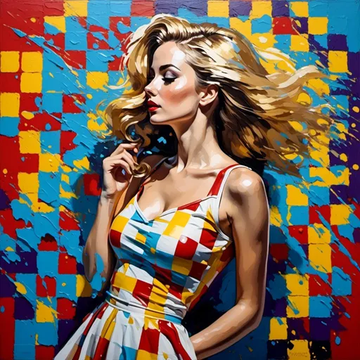 Prompt: <mymodel>Pop art painting of a full body, high definition, partial profile, looking up, strong colors, dripping paint, checkerboard background 
, vibrant, detailed, retro, dynamic lighting