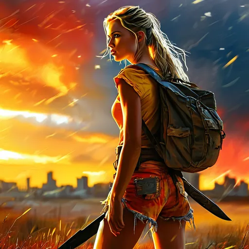 Prompt: Apocalyptic scene of a survivor, strong emotions, action, movement, beautiful slender blonde woman in tattered short tight colorful minidress, backpack, knife in belt, colorful distressed clothing, three quarter profile, wary, determined, brave, confident , searching for supplies, intense profile, post-apocalyptic setting, gritty artistic style, red and yellow tones, dramatic lighting, detailed facial features, highres, detailed