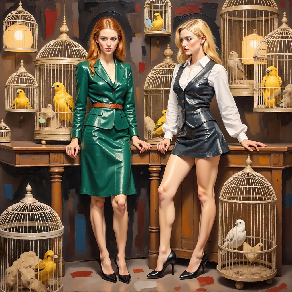 Prompt: "Full length full body thick impasto oil painting of two women by Robert Maguire , a shy woman in green  following a 25 year old blonde flirting woman in a short dress surrounded by canary cages.