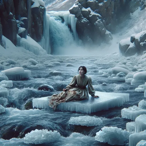 Prompt: Photorealistic icy river with small ice floes, distressed woman in tattered mini dress on ice flow, rushing waterfall in background, high quality, photorealistic, icy tones, distressed clothing, dangerous waterfall, realistic water, detailed reflections, atmospheric lighting