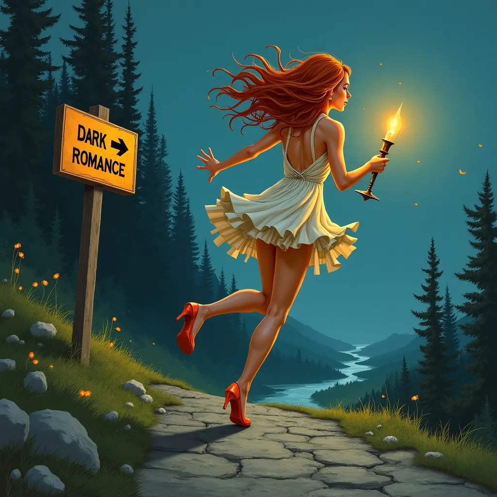 Prompt: a copper haired woman in a flowing,  very short minidress with a candlestick holder in her hand running up a steep hill at night. a road sign beside her has an arrow pointing up with words [Dark Romance], Dirk Crabeth, fantasy art.