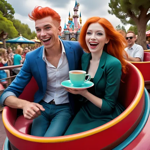 Prompt: Surrealist Disneyland tea cup adventure roller coaster ride, (modern blond man and redhead woman laughing), (man and woman whirling wildly in vibrant colored teacups), movement, energy, off kilter, tilting (detailed facial features and expressions), (modern clothing), edgy atmosphere, whimsical yet edgy environment, roller coaster out of control vibe, (HD), (cinematic depth), Milo manara, m. C. Esher, , surreal elements.