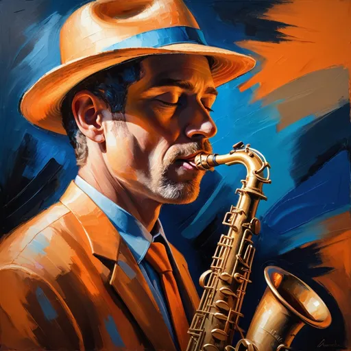 Prompt: Expressionist painting of a man in a Panama hat playing a alto sax, vibrant use of light and shadow, dark orange and blue tones, intense emotional expression, oil painting, high contrast, textured brushstrokes, detailed facial features, professional, intense lighting, vibrant color palette