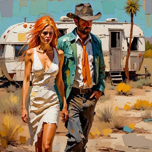 Prompt: <mymodel>Impressionistic thick impasto oil illustration set in the Arizona desert, in a bomb blasted Arizona trailer park. two men in tattered clothes and an alluring woman in a torn and distressed white wedding minidress.  all dressed in crazy color post-apocalyptic fashion, full body shot, large palette-knife strokes, western American style, high quality, thick impasto, oil illustration, post-apocalyptic, detailed crazy colors, full body shot, cactus, desert animals, bombed trailer camp, distressed buildings, large palette-knife strokes, intense, professional lighting