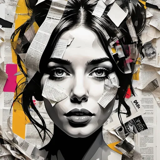 Prompt: Woman’s face inspired by Actress Claudia Jessie, modern magazine cover design, surrounded by scattered newspaper pages, striking black and white photo integration, modern European ink painting influence, Derk Gores artistic style, vibrant pop art painting aesthetic, bold colors contrasted with intricate details, dynamic composition, high quality, HD, glamorous yet artistic vibe.