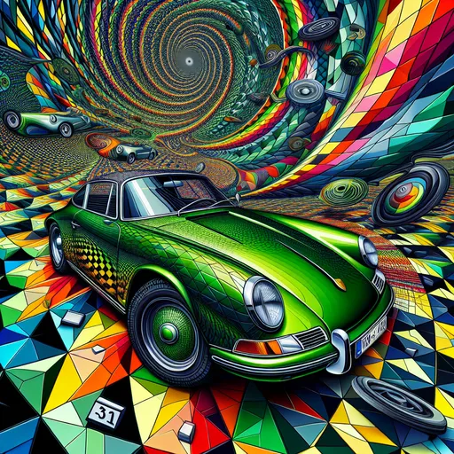 Prompt: (surrealism style), vibrant colors, (M.C. Escher-inspired) green Porsche 911, featuring intricate geometric patterns and mind-bending perspectives, dynamic shadows and highlights, creating an illusion of depth, captivating ambiance, (ultra-detailed), emphasizing the contrast of the corvette against the colorful and complex roadway design, whirling green colors and black colors and numbers, inviting viewers to explore.