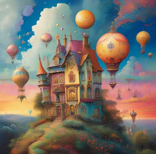 Prompt: (psychedelic painting of a house in the sky), (fantastical hot air balloons floating above), (lush forest below), whimsical elements, vibrant colors, swirling patterns, dreamlike atmosphere, inspired by Daniel Merriam, high fantasy art, storybook illustration, intricate details, enchanting vibe, hyper-detailed, colorful fantasy world.