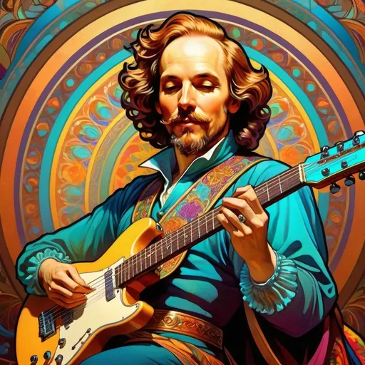 Prompt: William Shakespeare playing psychedelic colored fender electric guitar, detailed facial features, 3D rendering, dramatic expression, intricate costume design, high quality, anime, historic, vibrant colors, theatrical lighting