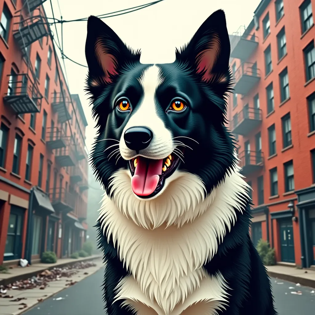 Prompt: A stylized portrait of a border collie with pointy ears with an happy expression, face slightly turned to the left. It has black and white fur with intricate line patterns, wavy neutral-toned fur, and long tongue visible. The background is an urban jungle of brick buildings, crumbling asphalt, tangled telephone wires, broken windows. Hazy foggy sky.