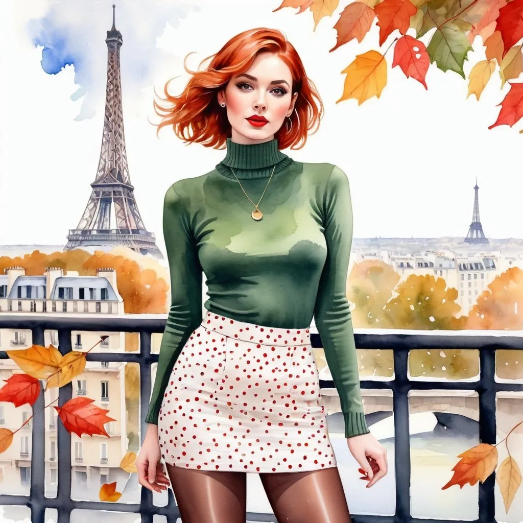 Prompt: Watercolor, gauche, mixed media, surreal. A beautiful slender 27 year old woman wearing a turtleneck sweater, standing. legs apart, looking up at  Paris Eiffel Tower, short red hair with headband stylish hair cut, deep hazel eyes, very short tight leg polka dot miniskirt, pale skin, skin colored tights, cafe, leaves, springtime, symmetrical face, long necklace, slight freckles on face and slight imperfections on skin, high heels, Bright eyes with highlights, professional lighting, highly detailed photo, full body, 