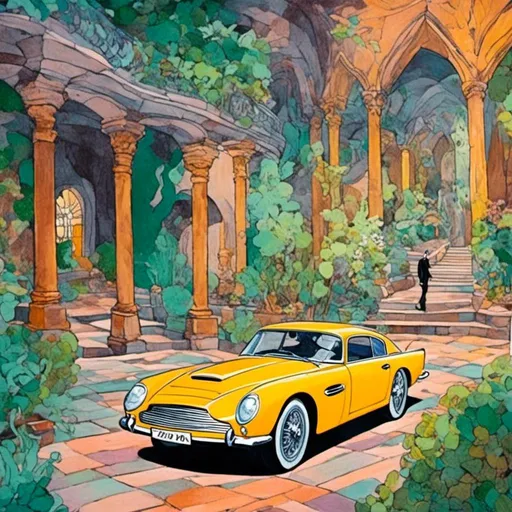 Prompt: Mixed media on paper. <mymodel> Fantasy Courtyard in Filmation background painting style. Gouache with colored pencil. In foreground, a James Bond 1960s  Aston Martin 