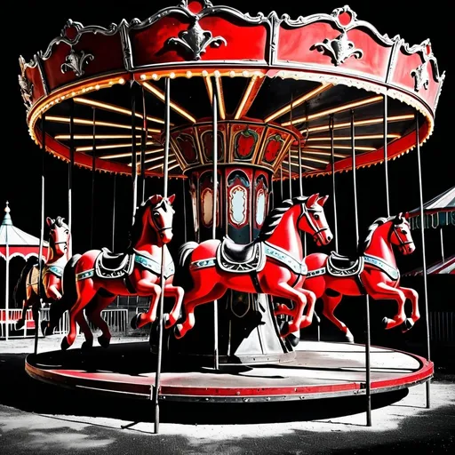 Prompt: Black and red ink drawing, abandoned merry go round, old decaying carousel animals, merry go round in deserted fairground, high contrast, dramatic lighting, photorealistic style, intense, realistic rendering, dynamic, raw, dynamic pose, intense expression, detailed decay, high quality, photorealism, intense lighting, dramatic composition