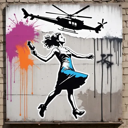 Prompt: (Banksy-inspired art), vibrant street art style, a woman in a short flowing dress dramatically falling from a helicopter, intricate details capturing her movement and motion, distressed and weathered billboard background with textured layers of paint and graffiti, an urban setting filled with dynamic energy, gritty ambiance, bright contrasting colors, high quality, ultra-detailed.