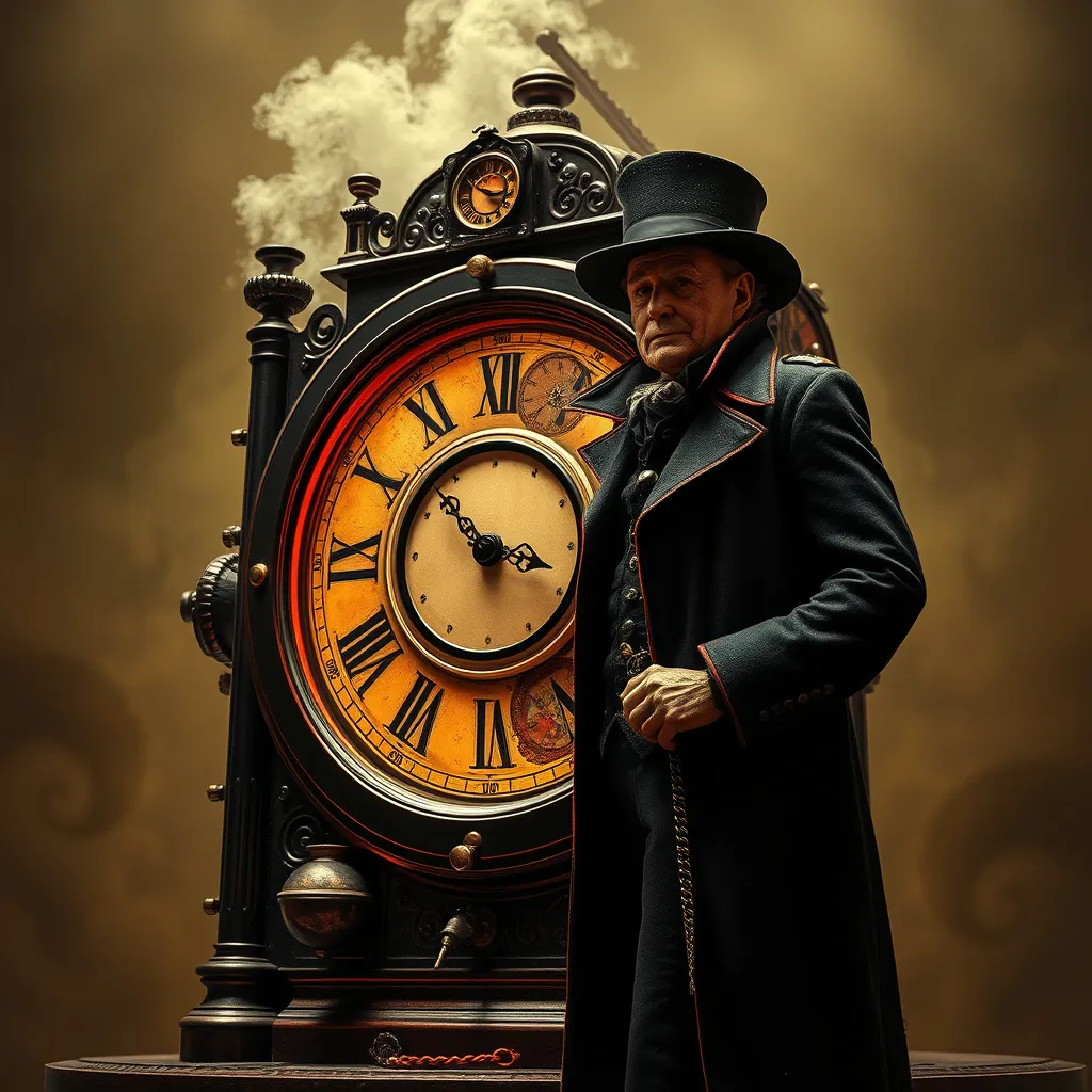 Prompt: Time traveler and his Victorian Time Machine, black and red, in the style of 1960 movie the Time Machine starring rod taylor, high contrast, digital art, detailed metallic machine, vintage futuristic, mysterious atmosphere, professional quality, sci-fi, steampunk, metal, yellow  tones, dynamic lighting