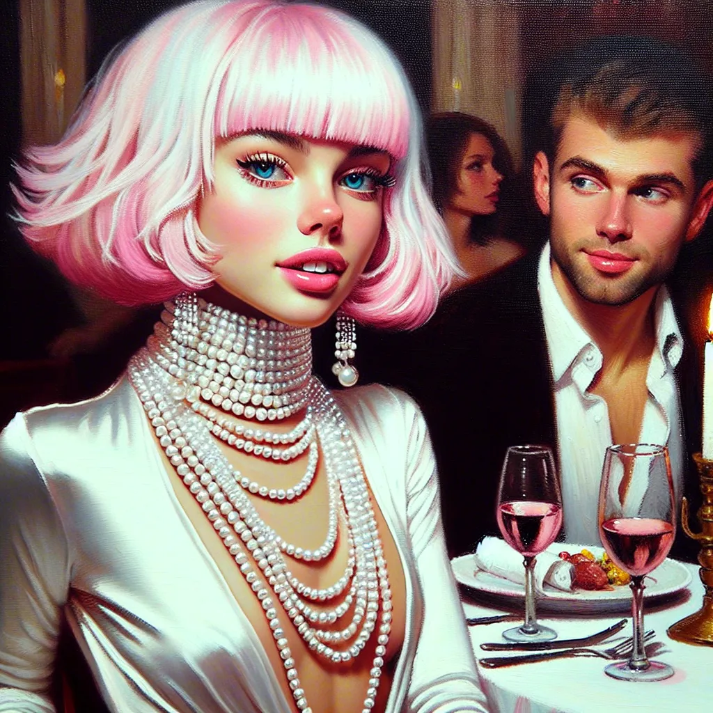 Prompt: a thick impasto oil painting of a playful pink bangs blue-eyed woman wearing a white silk turtleneck with several strings of pearls and a pair of dangling pearl earrings. She is seated at a nightclub dinner table with a handsome man. Style Milo manara 