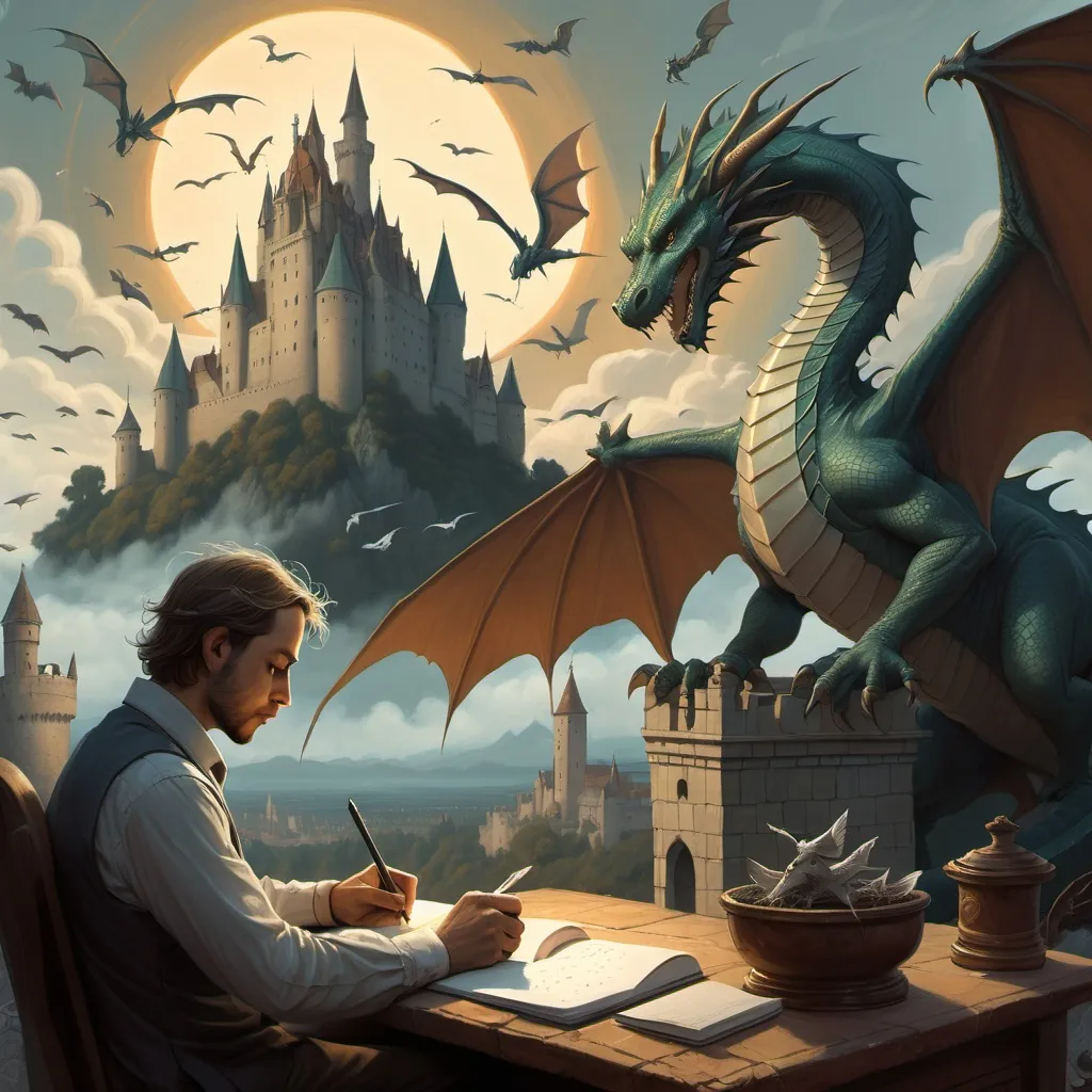 Prompt: a man (seen in foreground) is writing in a notebook  with a dragon flying over him in background and a castle in the background with a lot of flying birds, Andrew Ferez, fantasy art, fantasy artwork, a storybook illustration