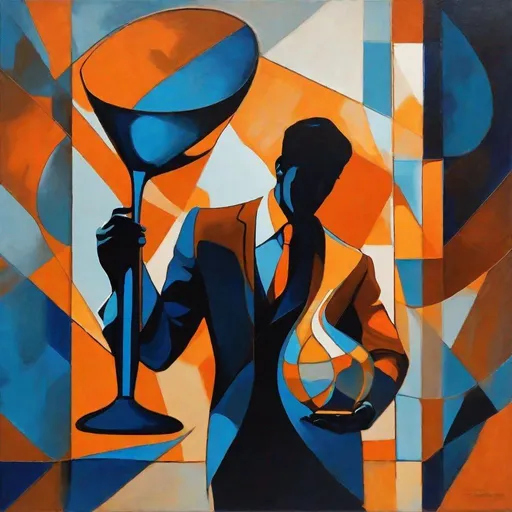 Prompt: Man holding large hourglass, expressionism, dark orange blue, vibrant use light shadow