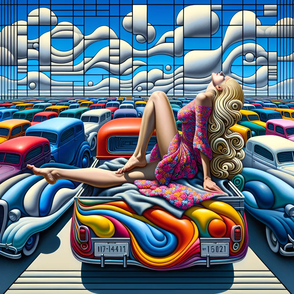 Prompt: Blend the surrealism of Salvador Dalí with the geometric abstraction of Piet Mondrian to depict an aerial view of a blonde woman in a leggy floral minidress lying on a blanket in the back of a pickup. Aerial viewpoint. Use Dalí's soft, drooping forms for a city parking lot  with cars that are liquefying, but render them in Mondrian's characteristic primary colors and black grid lines. The sky should be divided into rectangles of different shades of blue and white, with a few of Dalí's signature  clouds scattered about.