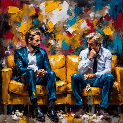 Prompt: <mymodel>abstract expressionism, attractive male psychologist, sad tearful woman, psychologist eating popcorn, chair, couch, emotional atmosphere, intense brushstrokes, vibrant colors, distressed expressions, high energy, raw emotion, large canvas, powerful composition