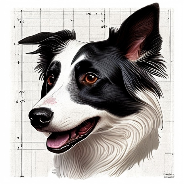 Prompt: detailed blueprint of a black and white pointy eared border collie designed by leonardo davinci
