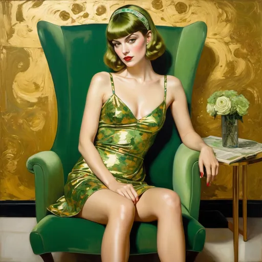 Prompt: Gold and green tones. medium length portrait of slender pale green-eyed green-bangs hair with silver headband female,20s,  reading in chair wearing her very short floral minidress, perfect legs slightly open, green high heels,  neatly framed portraits by Wyeth, Whistler, Jackson Pollock, Matisse, Miro, Klimt, the ceiling has been painted gold in the style of Klimt , vibrant and cluttered, high-contrast art, 4k, detailed frame , impressionist, modern, vibrant colors, artistic chaos, artist life, volumetric lighting