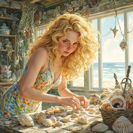 Prompt: A highly stylized digital illustration of a freckled older 35 year old colorfully minidress blonde-haired woman with wild, voluminous curls flowing freely around her shoulders. She is deeply focused, her piercing eyes reflecting the sunlight streaming through the open windows of a cluttered, eclectic beach shack. The room is filled with beach-combing treasures like smooth, colorful conch shells, weathered netting draped from the rafters, and hanging nautical trinkets gently swaying with the breeze. Soft, warm golden light bathes the scene, casting playful shadows on the wooden floor as she meticulously sorts through the shells on an aged table, surrounded by the spirit of the ocean. A dreamy watercolor illustration style would beautifully enhance this serene coastal atmosphere.