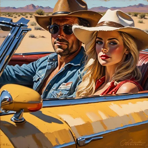 Prompt: <mymodel>thick impasto oil painting, bumpy brushstrokes, man and woman in a corvette, highly detailed facial features, UHD eyes, lips, hats, desert western town, Route 66 sign, vintage corvette car, dusty desert landscape, warm tones, intense sunlight, detailed facial features, high quality, thick impasto, vintage, desert, western, Route 66, bumpy brushstrokes, intense sunlight, vintage car, warm tones, detailed faces, high quality