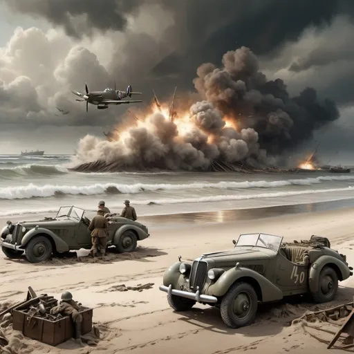 Prompt: (vintage 3D painting of 1940s Normandy Beach, World War II), British Spitfire plane crashed into the sand, foot soldiers, tanks, explosions, battle in progress, muted colors, sepia tones, somber and dramatic atmosphere, detailed depiction of military uniforms and gear, historically accurate, stormy sky, turbulent ocean waves in background, debris scattered on the beach, cinematic depth, ultra-detailed, HD, high resolution