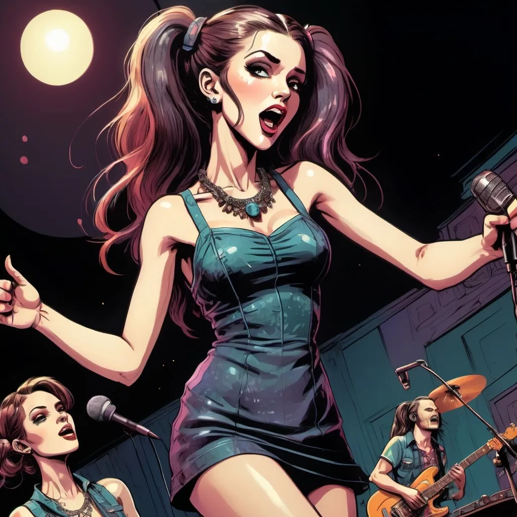 Prompt: Onstage at small nightclub, aerial downward wide angle full body illustration of a three man rock band with instruments and one full body excited woman (pigtails hair, very short colorful minidress) woman sings into microphone, full Body, graphic novel, detailed facial features, high contrast, vintage comic style, dark and moody colors, professional, expressive eyes, detailed clothing, minidress very detailed, atmospheric lighting,  detailed rock jewelry, dark colors, dramatic, graphic novel illustration,  2d shaded retro comic book