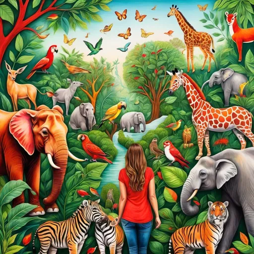 Prompt: Surreal zoo with animals and people drawn with colored pencils, vibrant colors, detailed pencil strokes, imaginative setting, high quality, colored pencil illustration, surreal, vibrant colors, detailed strokes, imaginative, zoo, animals, people, green tones, red accents, gold highlights, whimsical atmosphere, professional artistry