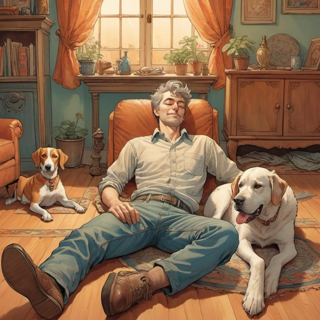 Prompt: man lying on the floor with a dog, relaxed pose, whimsical atmosphere, cozy and light-hearted feeling, (detailed expressions), artistic style inspired by Alan Davis and Michael Kaluta, warm color tones, softly lit background, ultra-detailed, captivating illustration, playful setting, inviting and cheerful vibe.