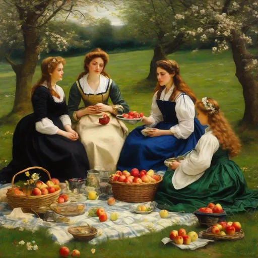 Prompt: Several woman of various ages are having a picnic in the style of John Millais 1858 painting Apple Blossoms (Spring). Highly detailed facial features.