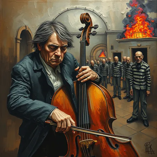 Prompt: thick impasto oil painting of a sad devastated emotional cello player slumped over instrument with a line of forlorn slumping prisons in striped uniforms entering buildings on fire in background , thick bumpy paint strokes. 