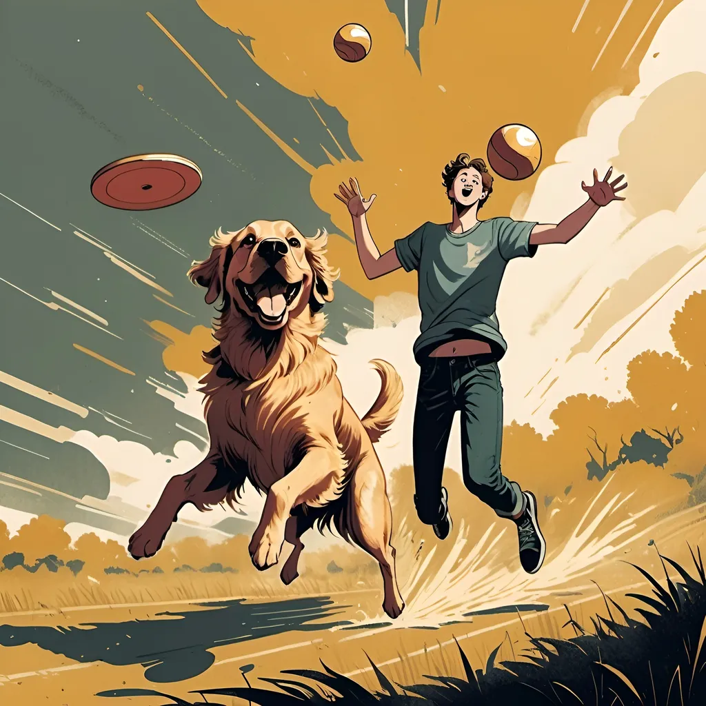 Prompt: (2D) graphic novel illustration, (dramatic) dark colors, detailed figures, retro style, dynamic action scene, mid-shot of a 21-year-old man joyfully playing with a large golden retriever, the man holds a frisbee high, the dog leaps energetically to catch it, playful atmosphere, evocative expressions, finely shaded textures, immersive storytelling elements.