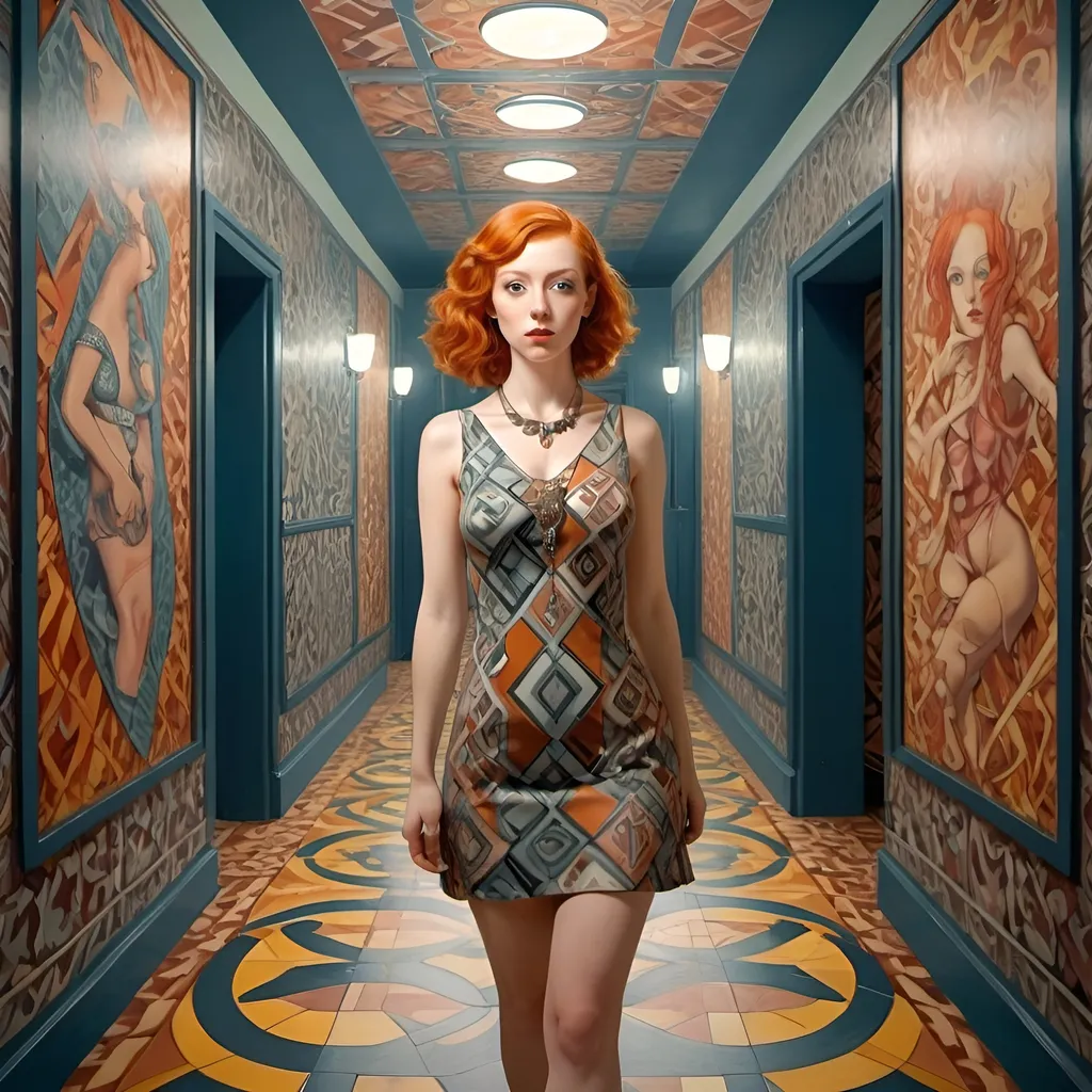 Prompt: M.c.Escher , a beautiful Scottish completed pale redhead woman (full body) wearing an extremely short minidress, purse, necklace, her hair in a stylish way,  looking over her shoulder in hallway, in the style of milo manara 