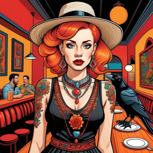 Prompt: (M.C. Escher style), colorful cartoon graphic novel illustration, stunning 30-year-old beautiful woman with vivid orange hair, standing in a vibrant Mexican restaurant, intricate details of a (bold tattoo) featuring a red and black raven, unique necklace and earrings, fashionable fedora, stylish pinafore dress with silver ornaments, striking extreme red lips, dramatic long eyelashes, dramatic white face adorned with (dark emo makeup), ultra-detailed, dynamic perspective, captivating ambiance.