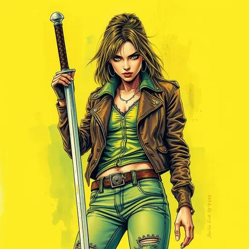 Prompt: Surreal Pulp style illustration of a lone rugged female assassin, distressed tight jeans clothing, sword, high collar fully buttoned leather jacket, yellow and green tones, colored inks, gouache, watercolor, colored pencils, strong colors, professional, detailed eyes, atmospheric lighting